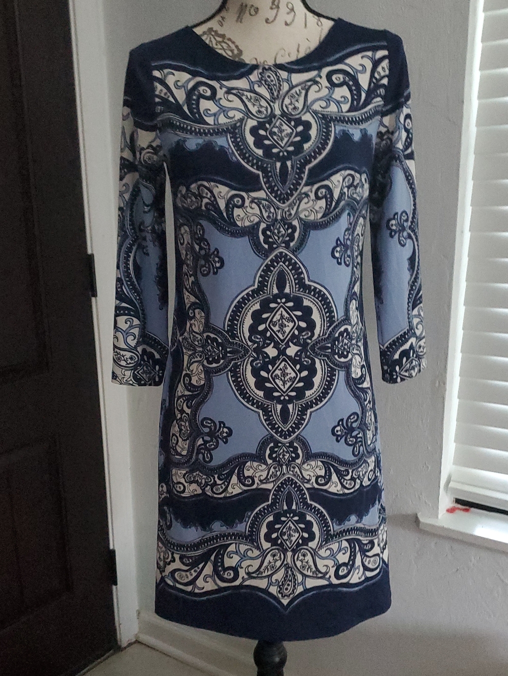 INC International Concepts Navy and Light Blue Medallion Shift Icon Dress S